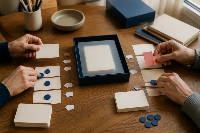 Two reviewers sort blank cards and blue tokens beside an approval tray, with a coral exception card held aside.