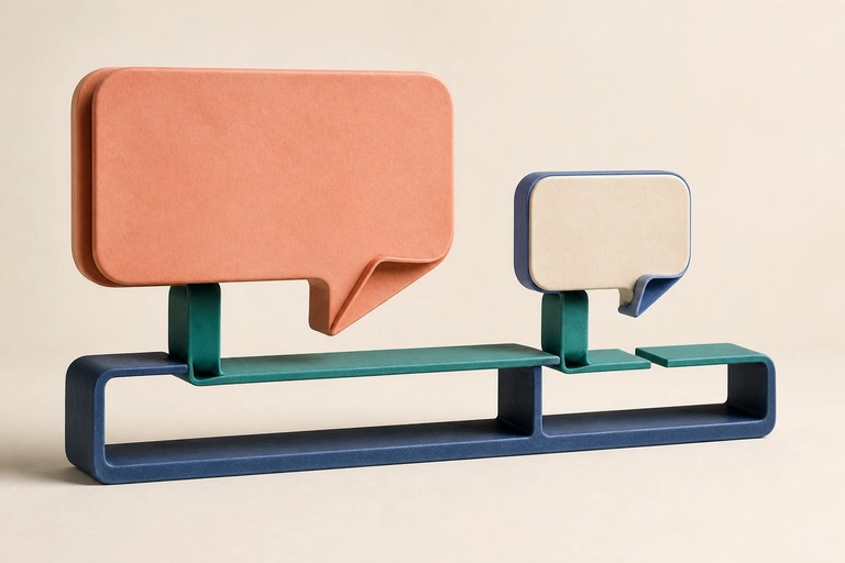 One ink-blue frame supports an open coral speech form and a compact cobalt-edged form beside a broken paper channel.