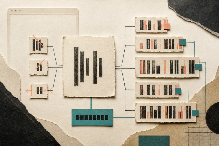 A paper draft branches into two coral revision paths, with a teal rule swatch linked to one set of edits.