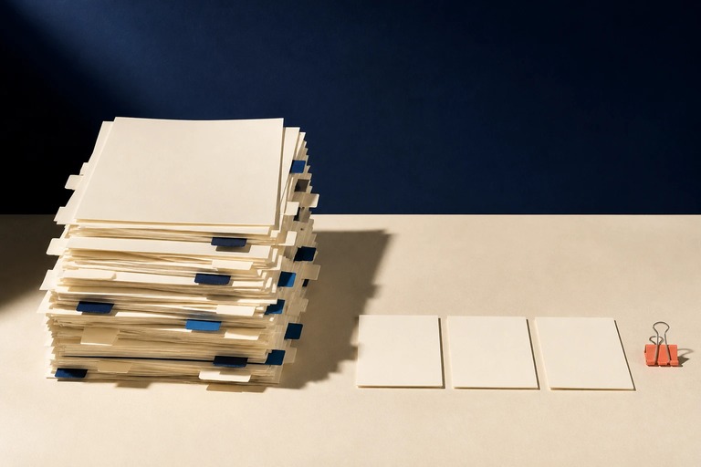 An uneven stack of tabbed paper contrasts with three neatly aligned blank cards and a single coral clip on an ivory table.