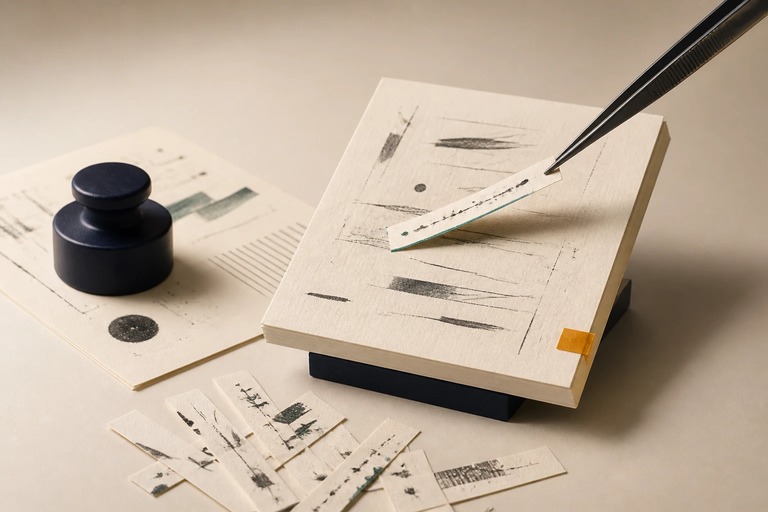 Precision tweezers lift one strip from an elevated manuscript while weighted source sheets remain untouched.