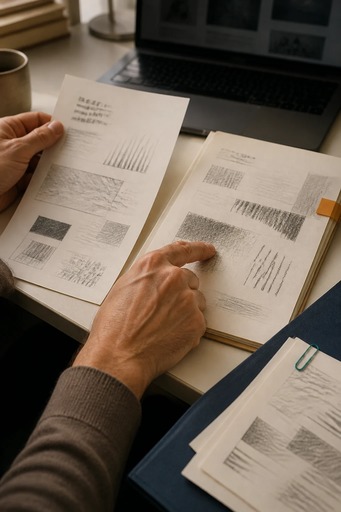 An editor traces abstract marks on a draft beside a source page, with a reference folder and blurred laptop nearby.