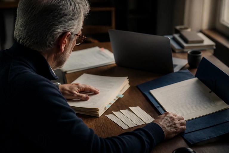 Senior editor checks an accepted manuscript beside source materials, review records, and selected voice-reference excerpts.