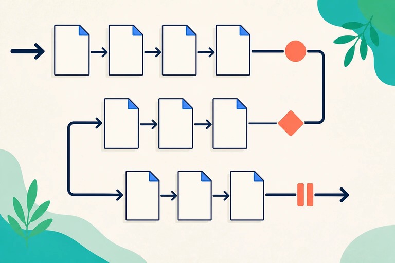 Ten blank document tiles in three stepped groups, linked by navy arrows and coral review gates.