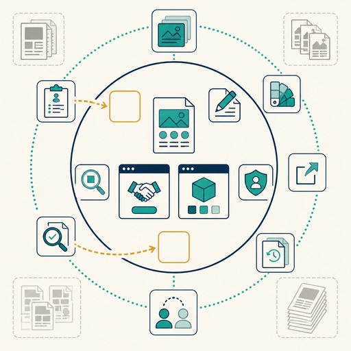 Blog, service and product page icons surrounded by essential, useful and optional capability tiles, with amber gaps.