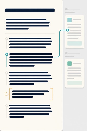 Article editor with source cards linked to paragraph bars and an amber bracket marking an unsupported passage.