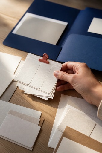 A hand lifts blank example cards and supporting slips clipped together toward an open cobalt review folder.