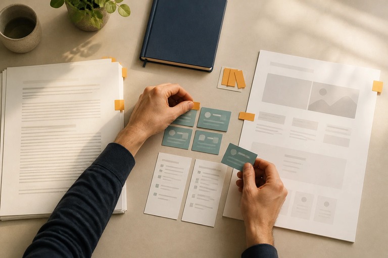 A reviewer places amber gap markers between a blog draft and website mockup, with teal capability cards nearby.