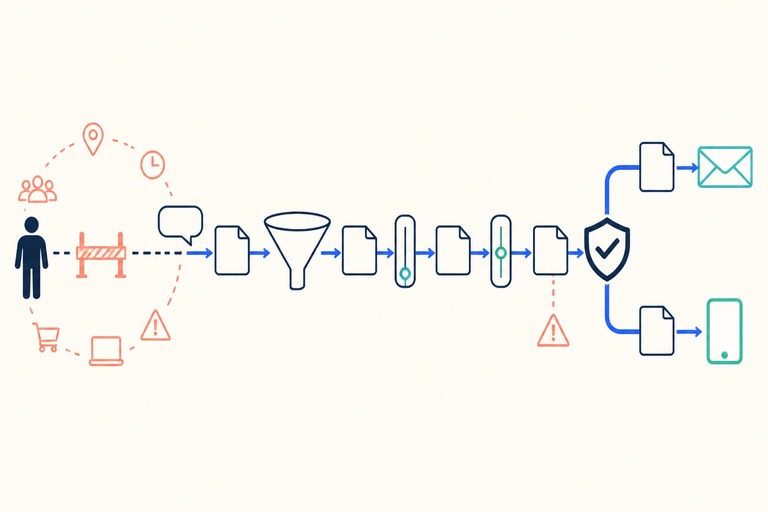 A blocked customer task guides a message through tone adjustments and review before branching to email and phone.