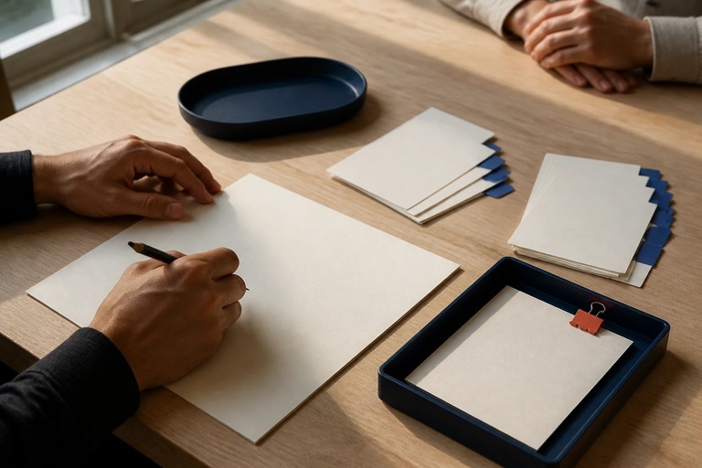 A writer compares a blank draft with cobalt-tabbed cards while an observer waits, hands withdrawn beside review trays.
