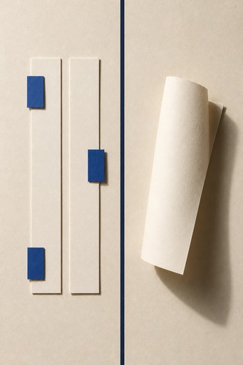 Two aligned blank paper strips with three cobalt tabs contrast with a loose paper curl across a navy seam.