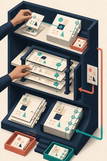 Three-bay editorial test station checks claim sources, revision constraints, and exported documents with review slips.