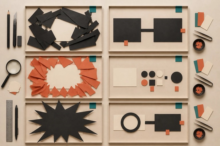 Three paired rows of paper cards contrast scattered shapes with ordered action blocks, offer tokens and process pieces.