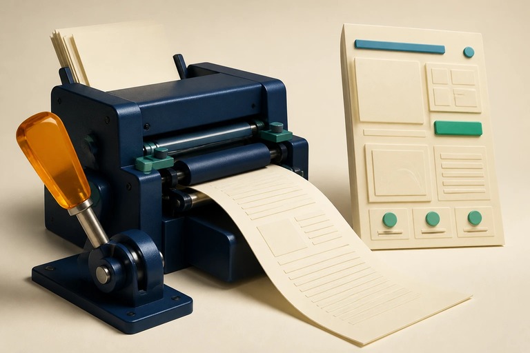 Blank sheets enter a navy drafting mechanism; an article sheet and website panel emerge beside an amber stop lever.