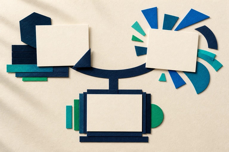 A continuous navy strip links three blank sheets with calm, energetic, and precisely ordered paper shapes.