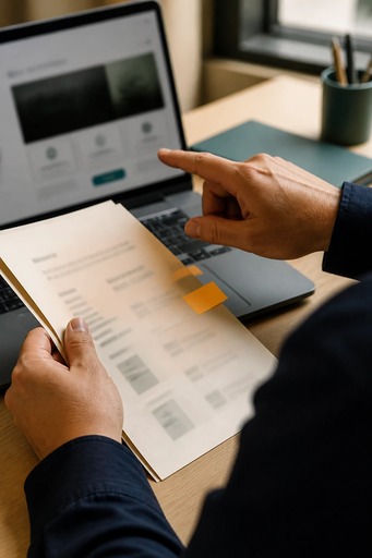 A service owner compares a laptop draft with reference sheets, using an amber tab to flag a claim for correction.