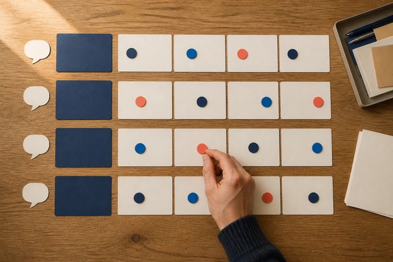 Overhead desk view of four rows of blank cards and colored setting discs, with one hand adjusting a disc.