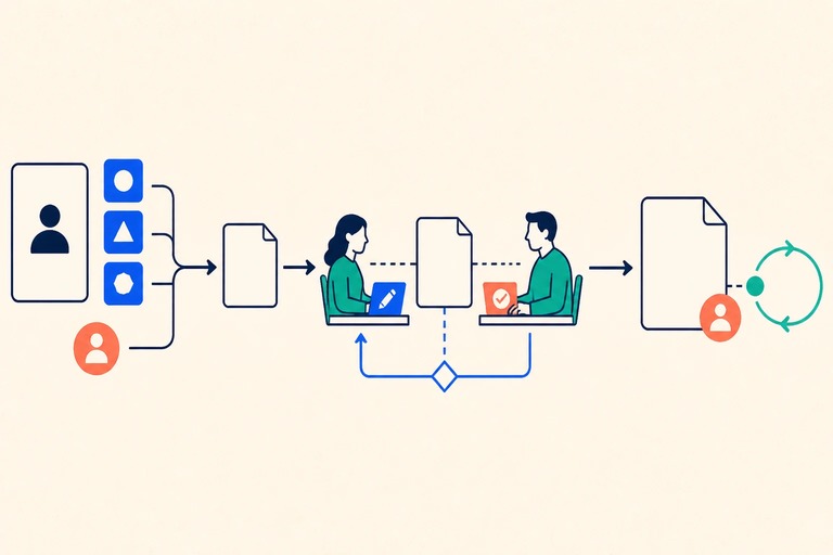 Audience and attribute cards flow through writer and approver testing to one playbook, with revision and review loops.