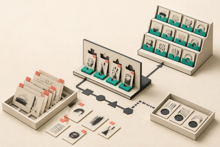 Isometric workflow pairs revision cards with teal rule tiles, separates factual checks, and stores approved examples.