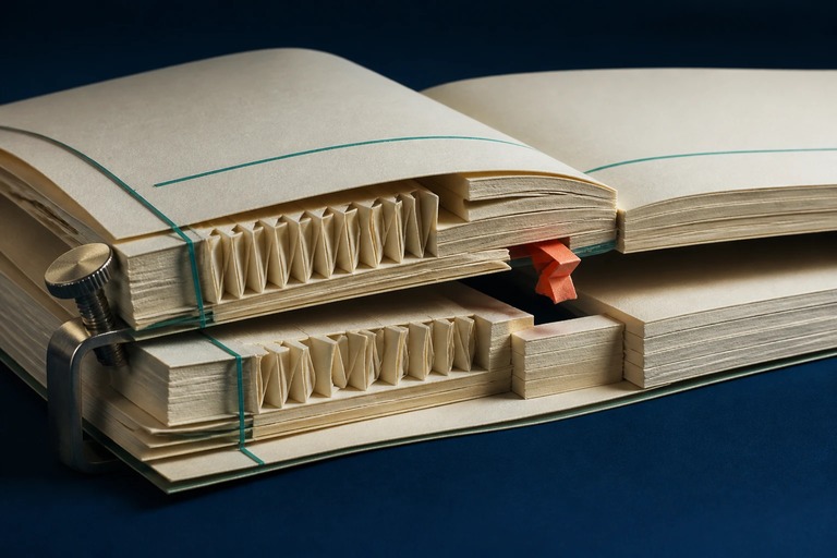 Sculptural open manuscript with repeated paper modules, misaligned seams, and a coral fragment suspended above a gap.