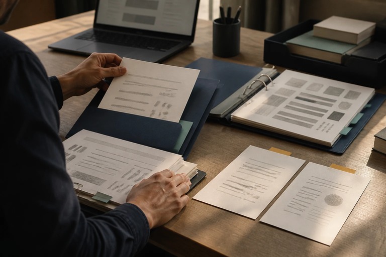 Reviewer slides a draft into a navy folder, keeping two amber-tabbed samples beside references and a decision record.