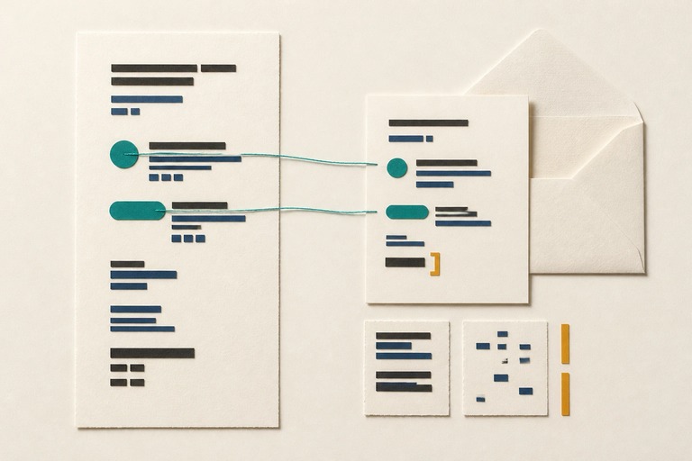 Article and shorter email linked by matching teal shapes, with contrasting voice swatches and amber review markers.