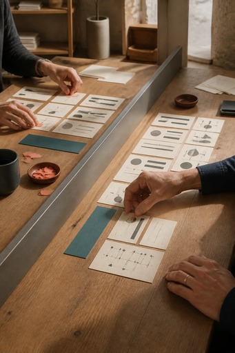 Two reviewers independently arrange matching draft cards beside teal rule swatches, separated by a desk divider.