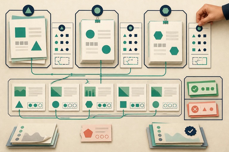 An evidence ledger links verified claims to bounded section trays as a reviewer places a contract card beside a draft.