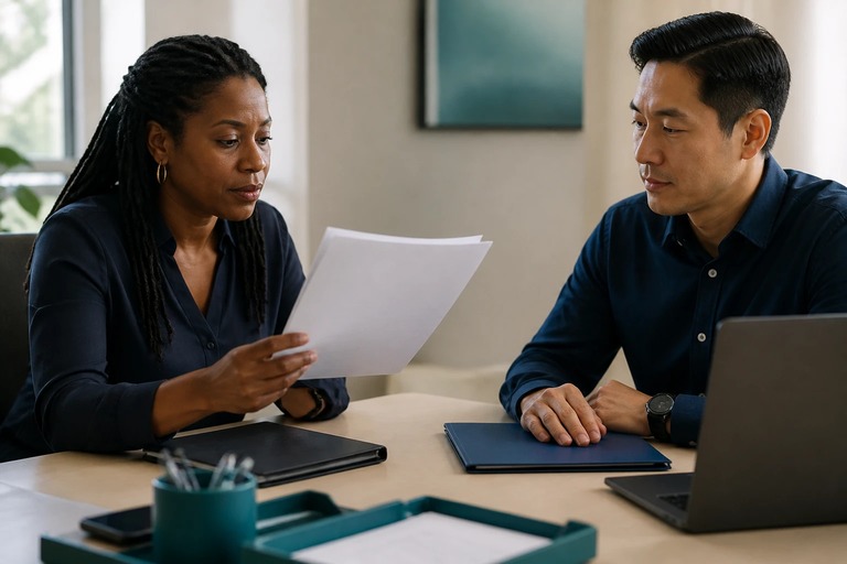 An editor checks a manuscript while a client-services lead retains a separate approval folder beside a laptop.