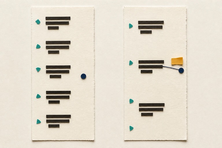 Paired paper strips contrast repeated and consolidated marks, retaining teal anchors and an amber uncertainty tab.