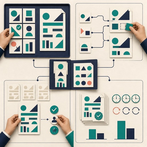 Four editorial workflows surround a reference folder: section review, fact reconciliation, approvals, and output measurement.
